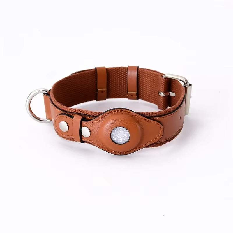 Brown leather pet collar with adjustable buckle and Apple Airtag holder for location tracking