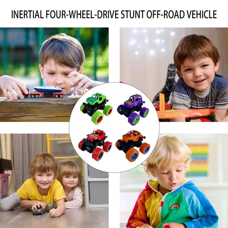 Kids enjoying colorful 360-degree rotation car toys indoors and outdoors.