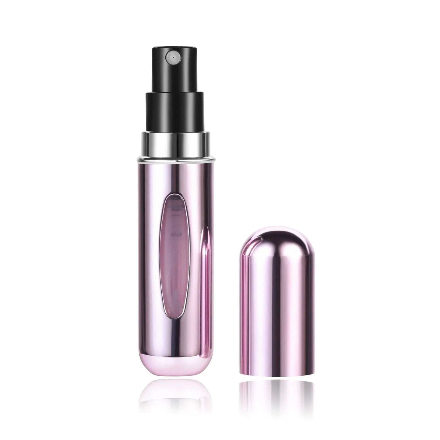 Portable 5ml refillable perfume spray bottle in sleek pink design with cap removed