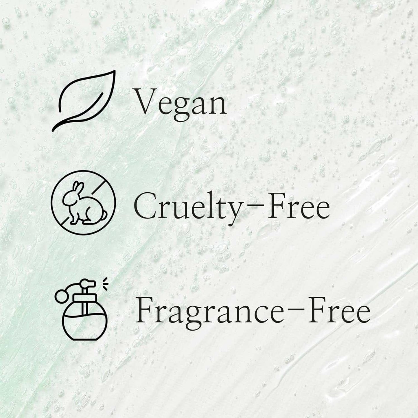 Vegan, cruelty-free, fragrance-free icons on a green textured background.
