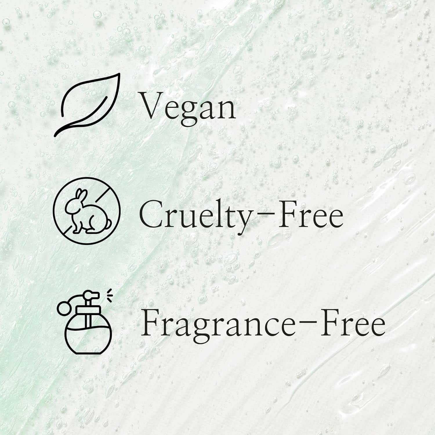 Vegan, cruelty-free, fragrance-free icons on a green textured background.