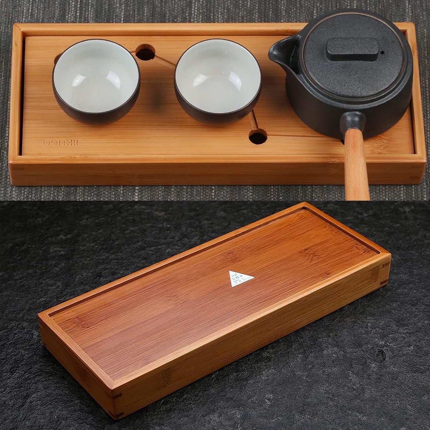 Bamboo tea tray for Gongfu tea ceremonies with built-in drainage, eco-friendly and elegant design.