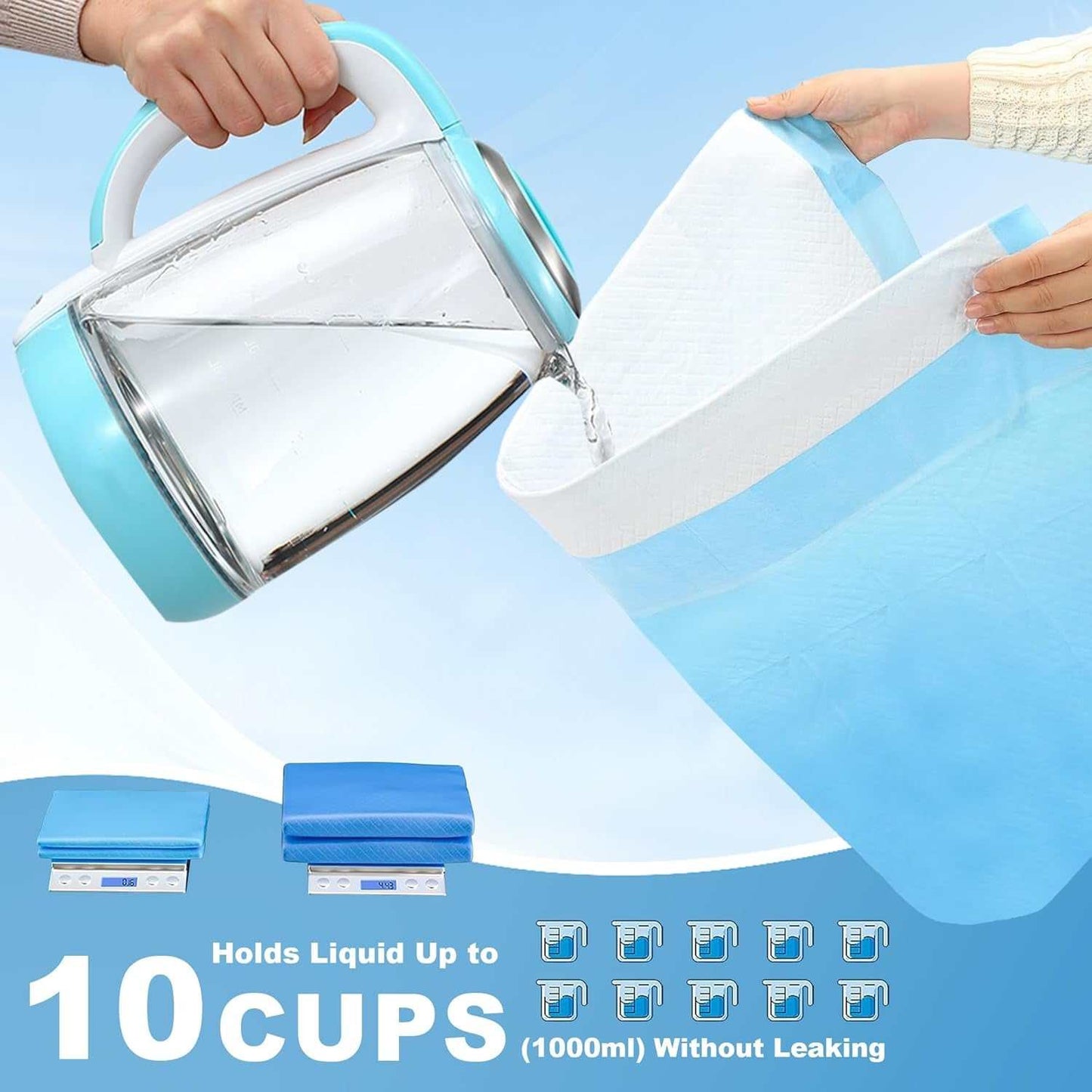 Pet Pee Absorbent Pads with leak-proof backing and super absorbent core holding up to 10 cups of liquid without leaking.
