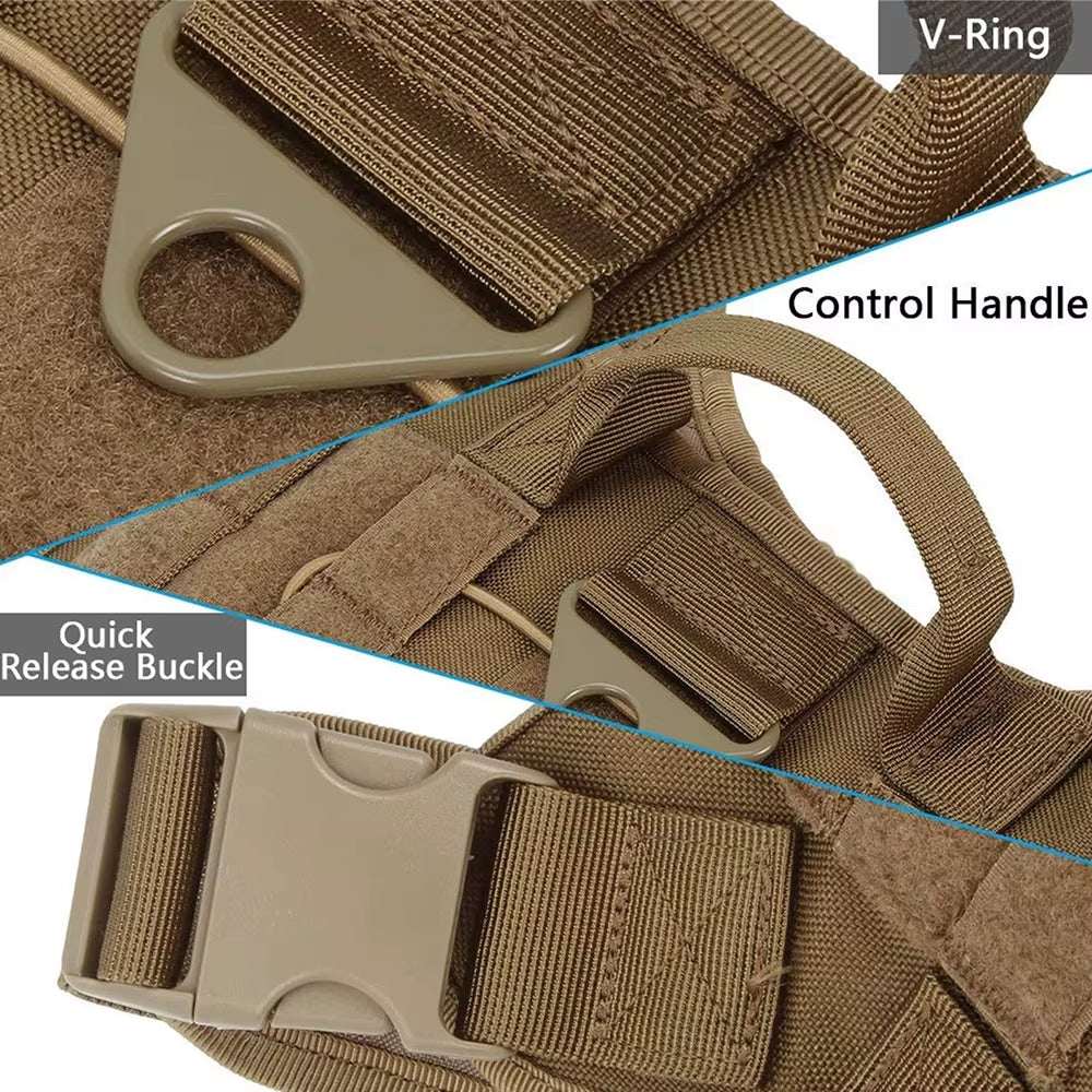 Durable tactical dog harness with quick-release buckle, control handle, and V-ring attachment in brown nylon for medium to large active dogs.
