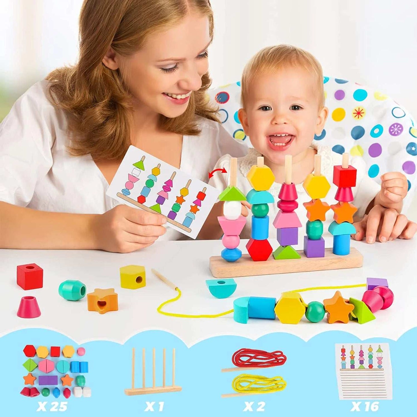Mother and toddler playing with colorful Montessori educational shape sorting toy set.