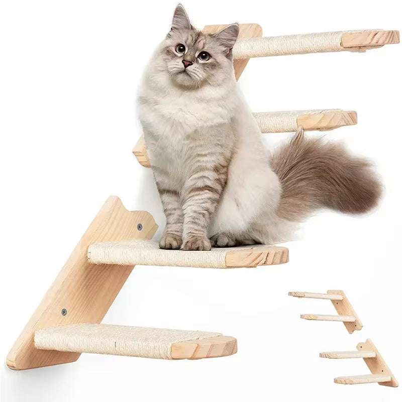 Wall-mounted cat climbing shelf with four steps, eco-friendly wood, sisal rope covering, and space-saving design for active cats.
