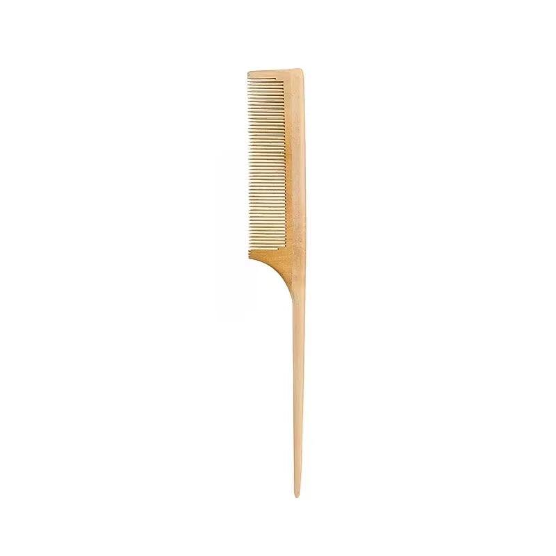 Natural bamboo wooden hair comb with fine teeth and pointed handle for gentle detangling and styling.