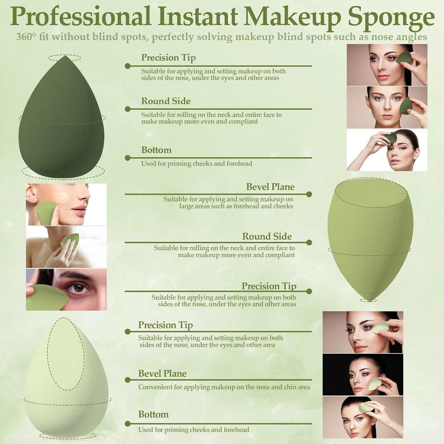 Makeup sponge set with precision tips, round sides, bevel planes, and bottom for flawless foundation, concealer, and powder application