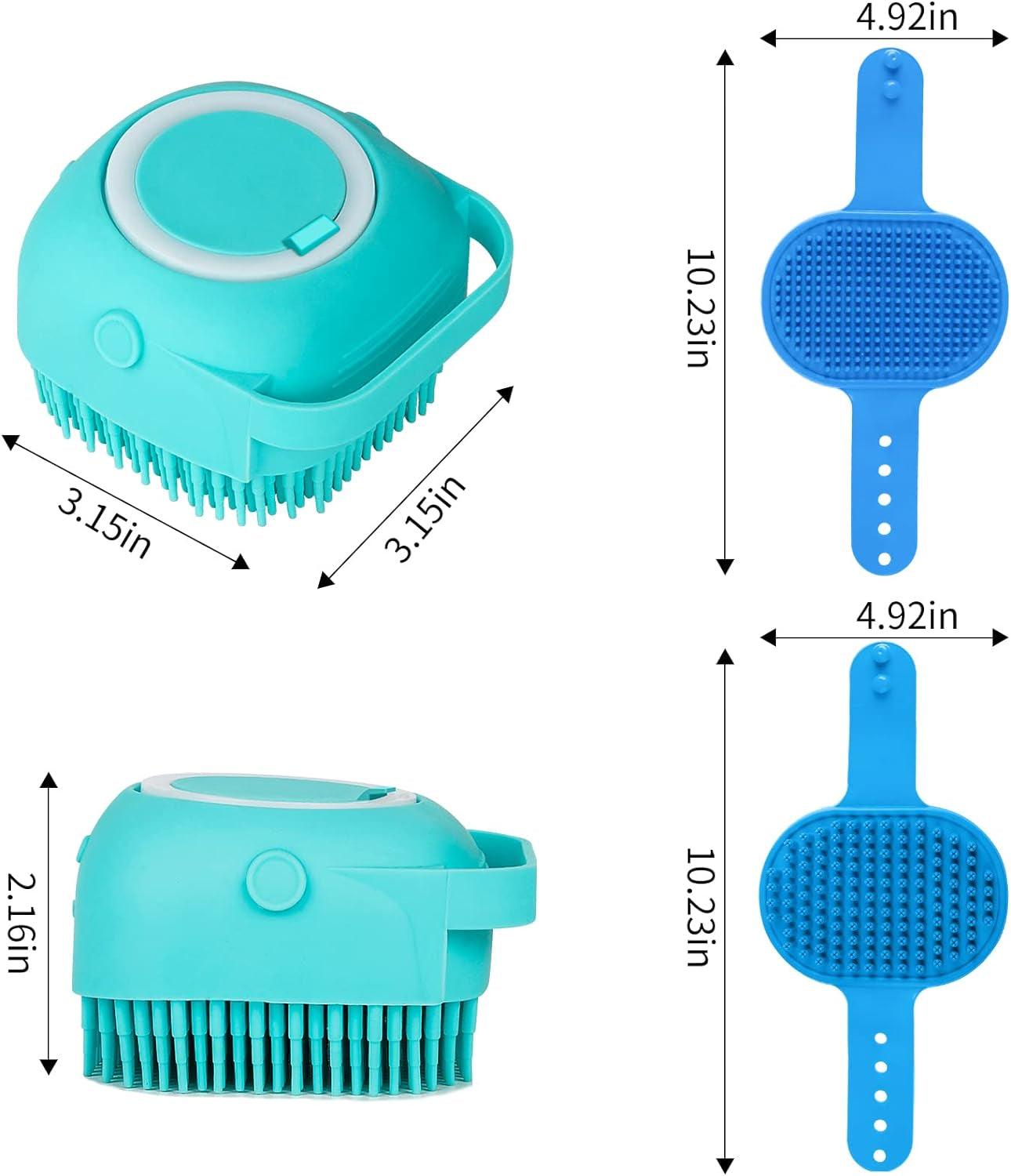 Dog bath brush with adjustable ring handle, soft silicone bristles, and built-in shampoo dispenser for easy grooming and massaging.