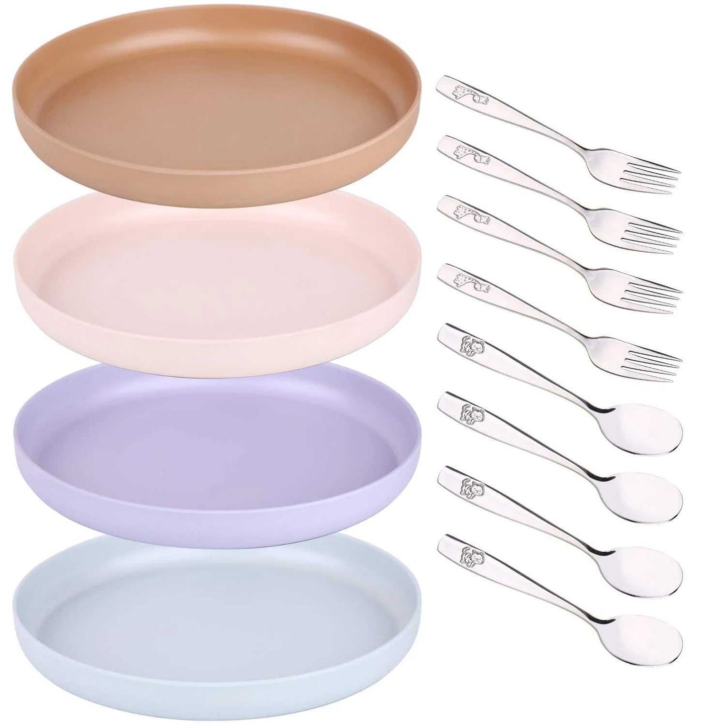 Bamboo plates and stainless steel utensils for kids, featuring BPA-free, eco-friendly materials with a modern design.