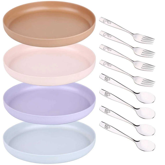 Bamboo plates and stainless steel utensils for kids, featuring BPA-free, eco-friendly materials with a modern design.