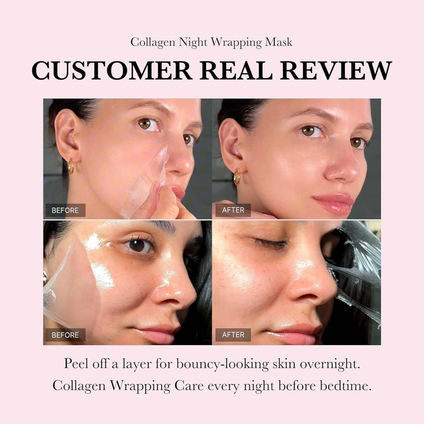 Customer review of collagen wrapping peel-off mask showing before and after effects on skin.