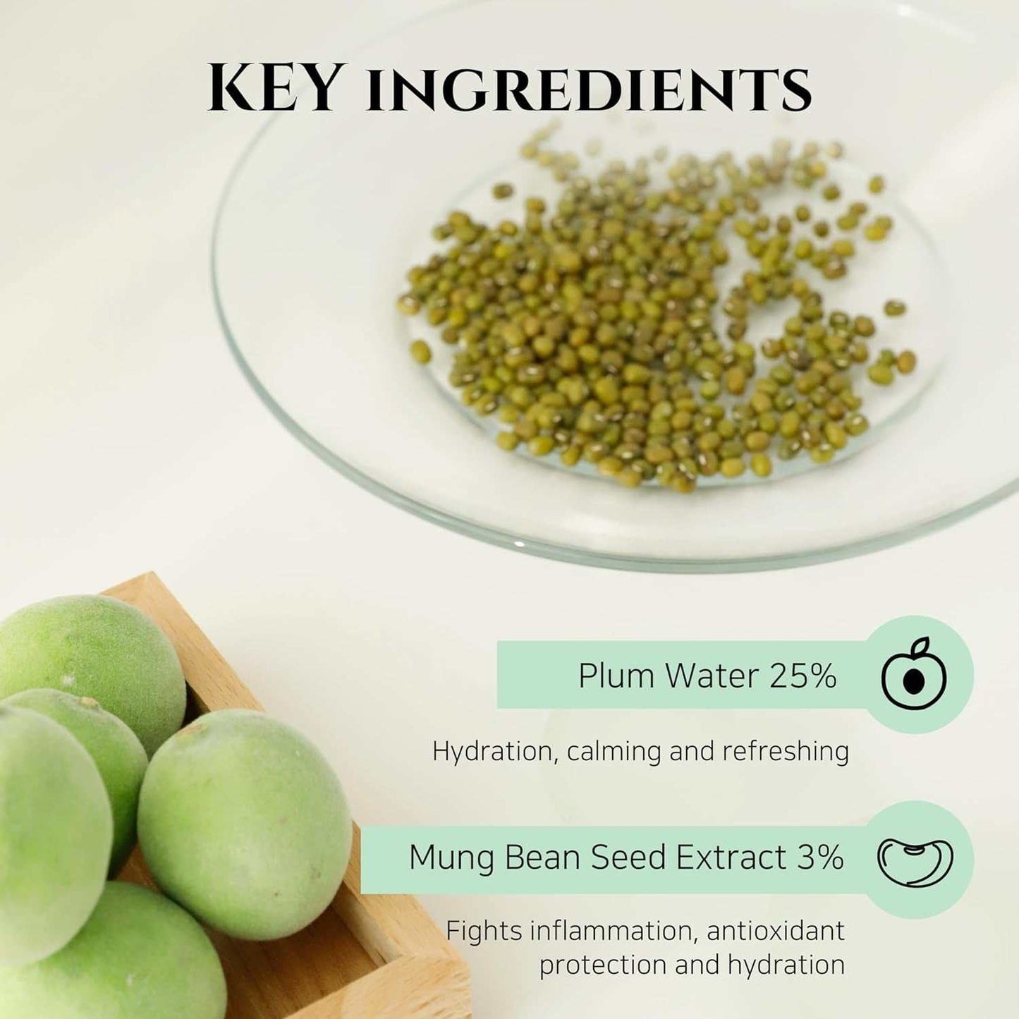 Key ingredients of Deep Pore Blackhead Remover include plum water and mung bean seed extract on display.