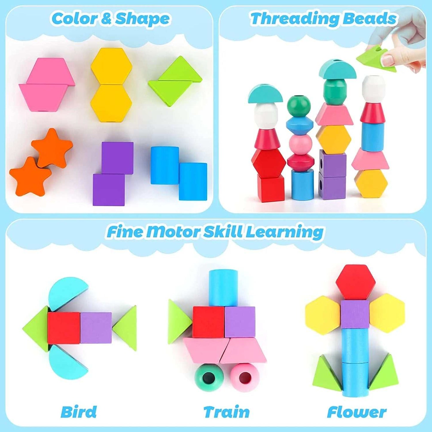 Montessori-inspired educational toy with colorful shape sorting and stacking blocks, promoting fine motor skills and cognitive development for toddlers.