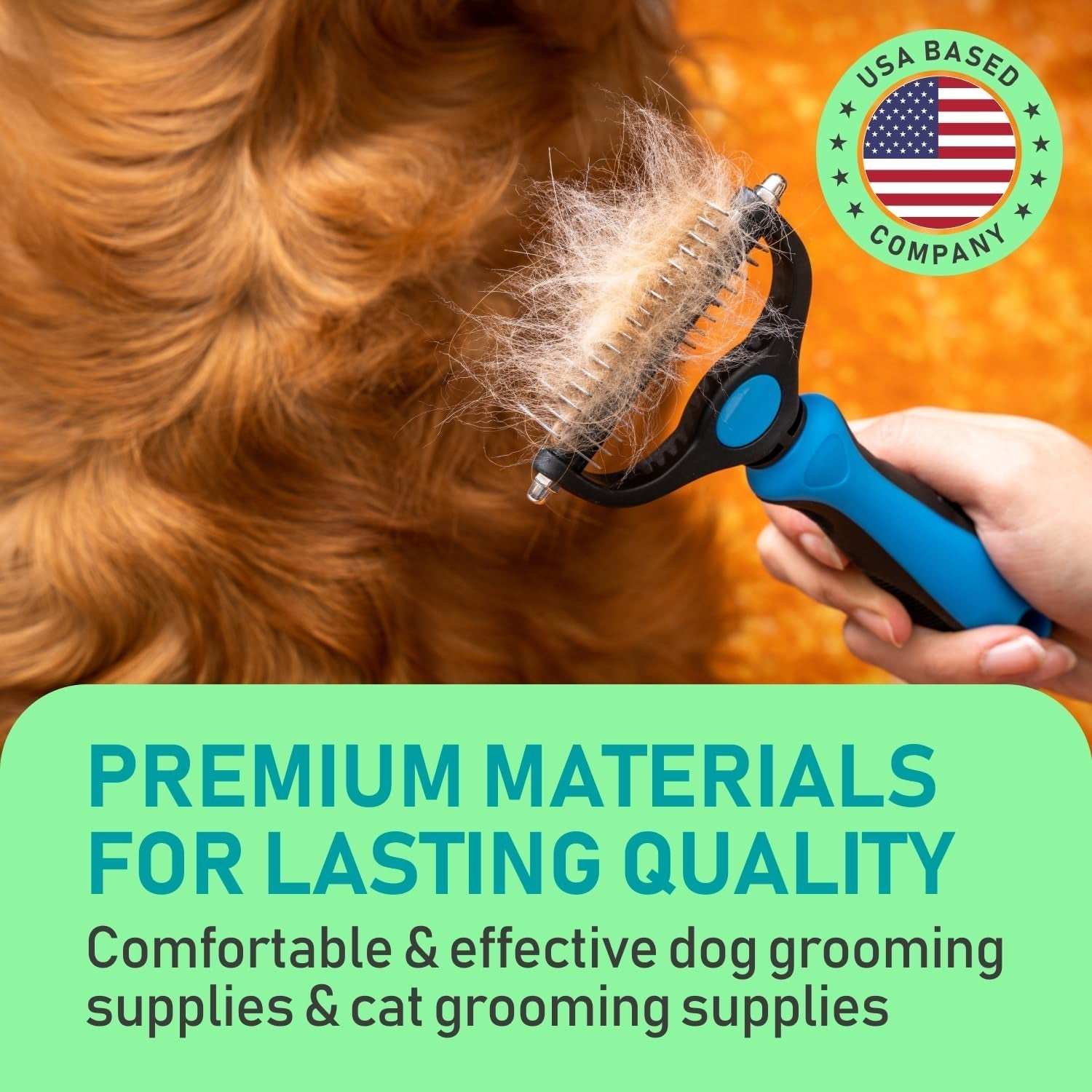 Double-sided pet grooming rake with ergonomic handle removing loose fur from long-haired dog, featuring durable stainless steel teeth for deshedding and detangling.