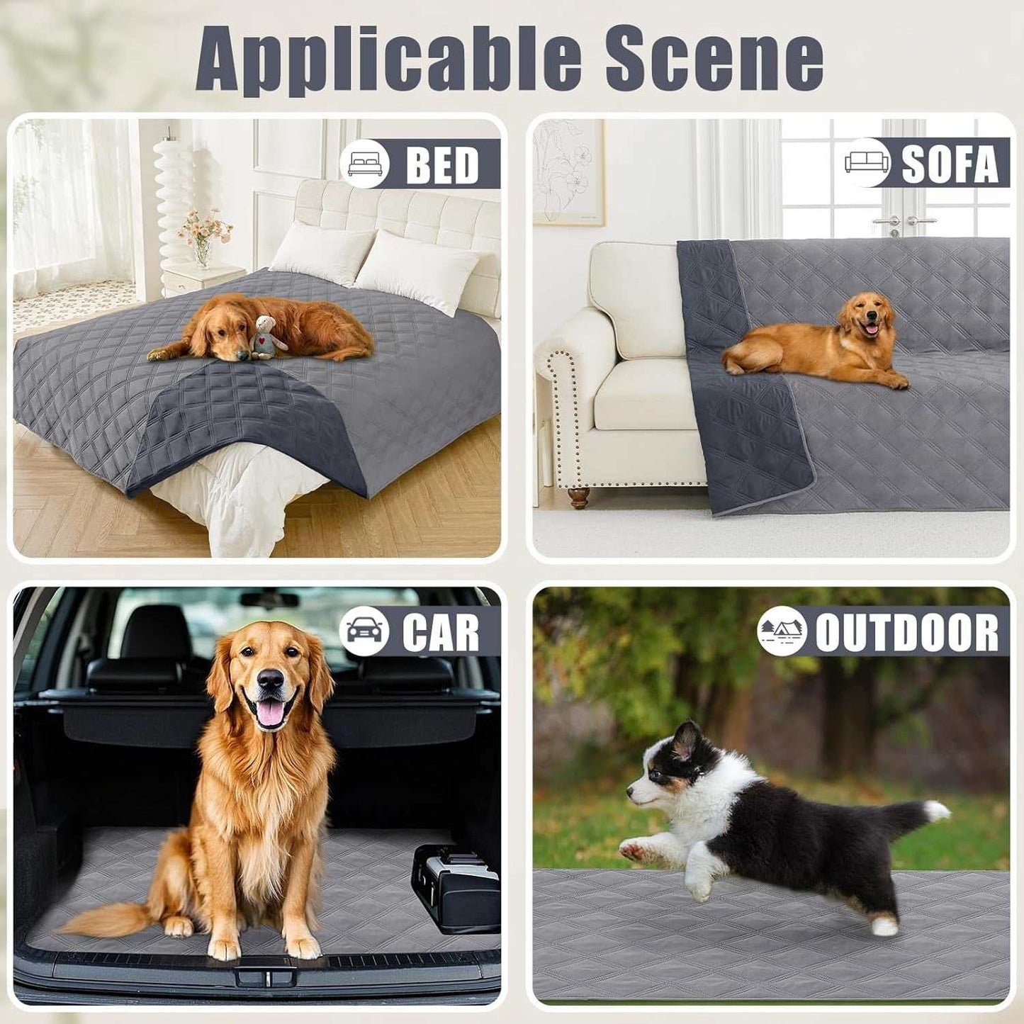 Waterproof dog blanket shown on bed, sofa, car, and outdoor scene, highlighting versatile use for pets.