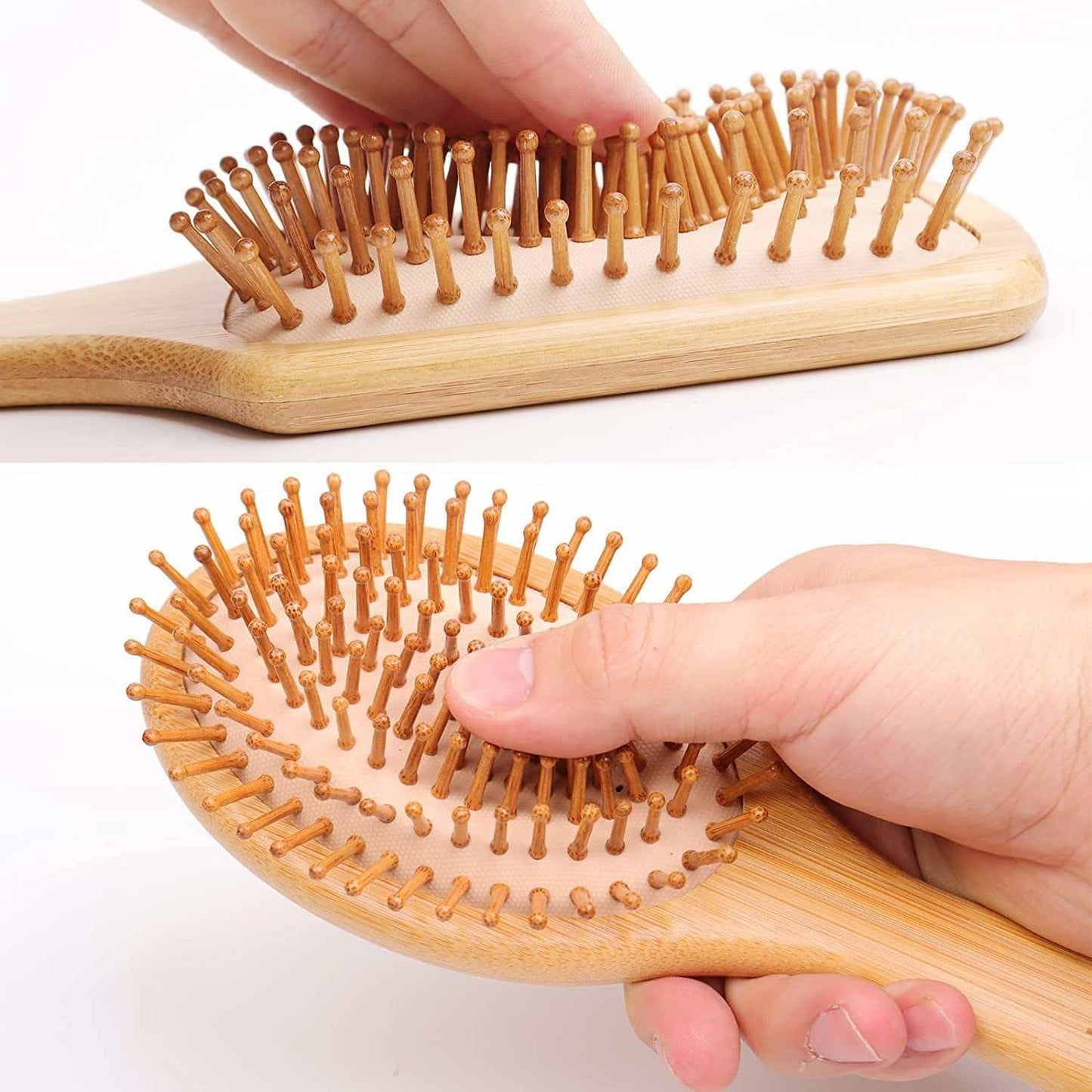 Eco-friendly bamboo hair brush with anti-static bristles for detangling and styling.