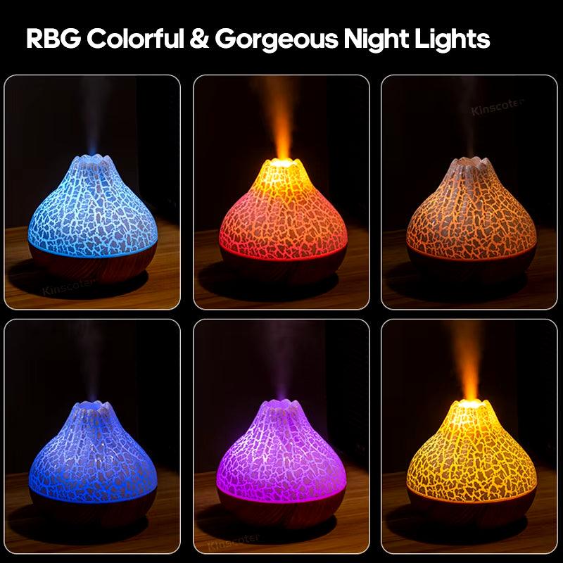 Desktop electric USB air humidifier with 7-color night light, volcano-inspired design, and compact portable size emitting mist.