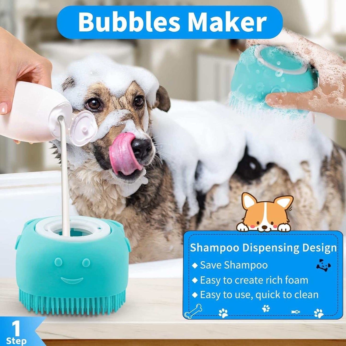 Blue dog bath brush with adjustable ring handle, silicone bristles, and integrated shampoo dispenser for gentle cleaning and massaging pets with all coat types