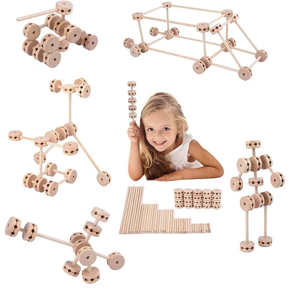 Kids playing with wooden building blocks, creating various structures, promoting STEM skills and creativity in a colorful and engaging way.