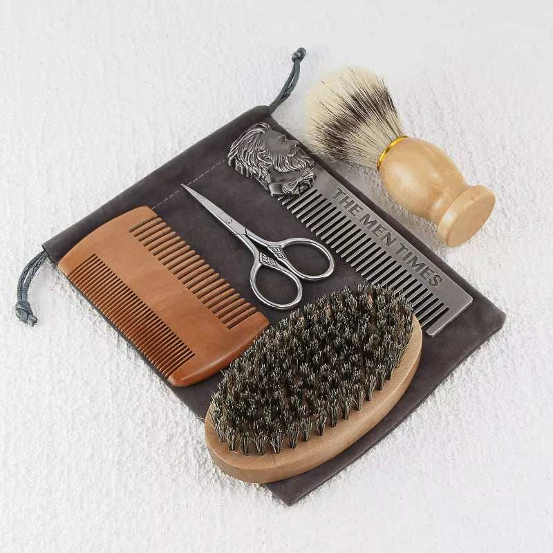 Men's shaving brush set with eco-friendly boar bristles, ergonomic wooden handle, and grooming tools for luxurious shave.