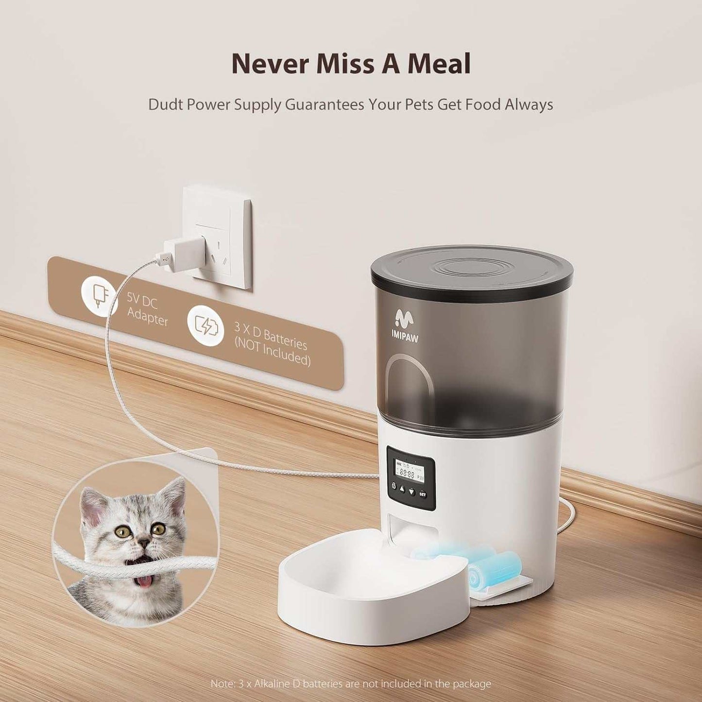 Automatic Pet Feeder – 3L Timed Dry Food Dispenser with Programmable Portions & Dual Power Supply
