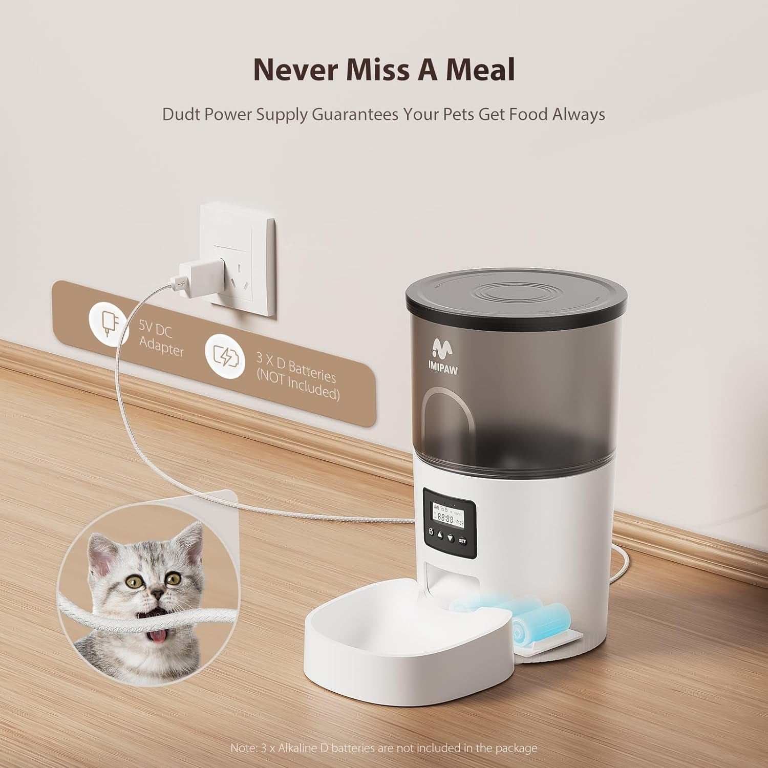 Automatic pet feeder with dual power supply, programmable feeding schedule, 3L capacity, and anti-clogging design for cats and small pets