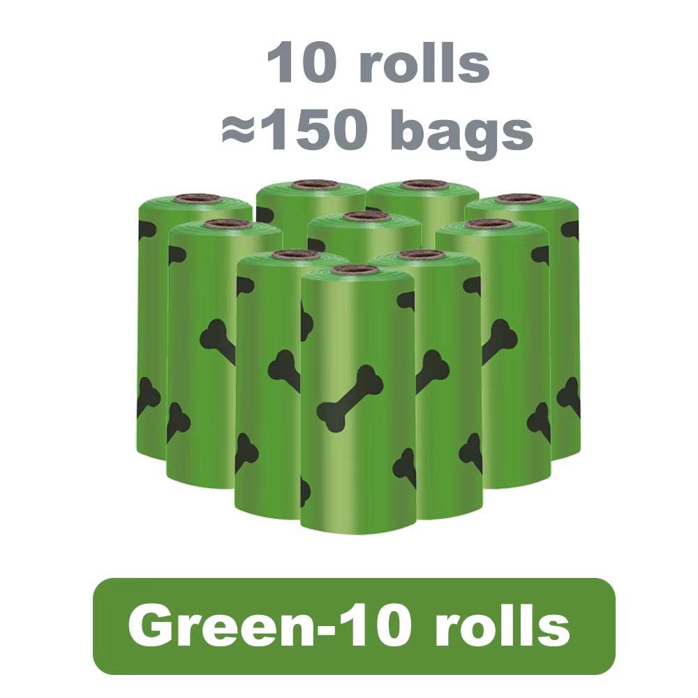 Green dog waste bag rolls with bone patterns, eco-friendly and degradable, 10 rolls with approximately 150 bags.