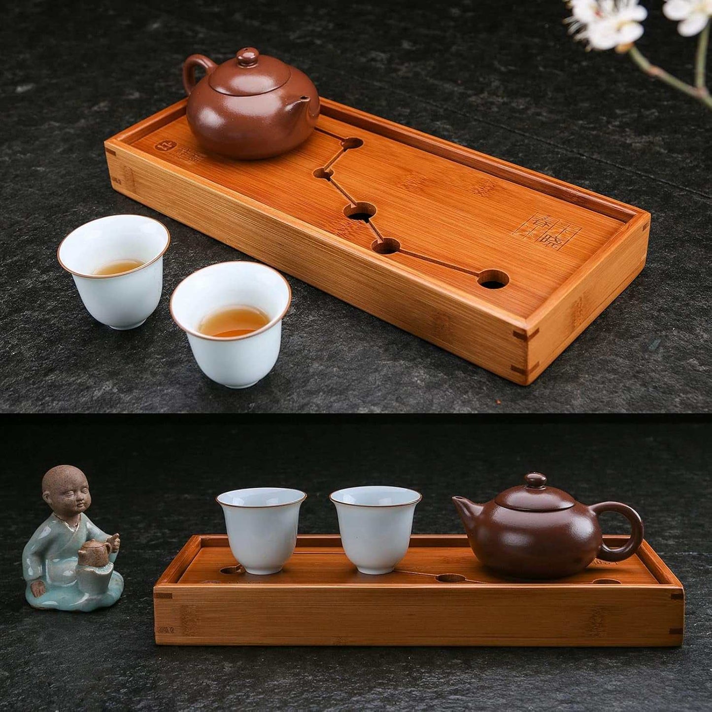 Bamboo Tea Tray for Gongfu tea ceremonies with teapot and cups, featuring durable eco-friendly bamboo and effective water drainage.