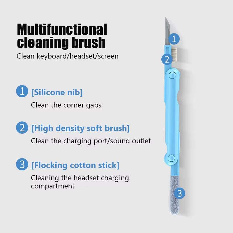 Multifunctional 7-in-1 electronic cleaning kit with cleaning brush, silicone nib, high-density soft brush, and flocking cotton stick.