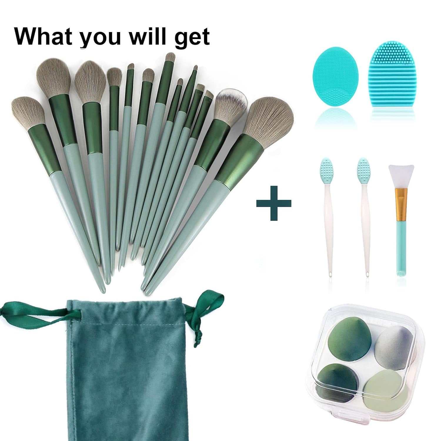 Professional 22-piece makeup brush set with green ergonomic handles, soft synthetic bristles, includes brushes, facial cleansing tools, and makeup sponges for full face application.