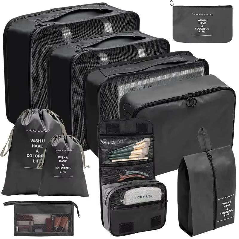 Travel organizer storage bag set for luggage; includes packing cubes, laundry bags, and pouches for organized travel.