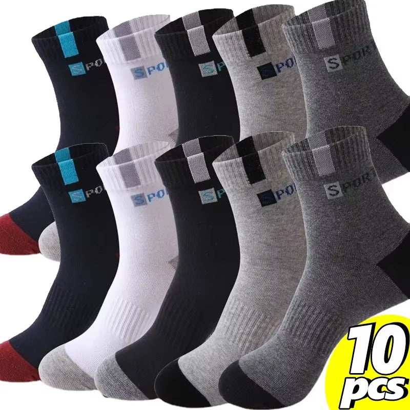 Men breathable cotton sport socks, assorted colors, letter designs, 10-pack, comfortable, moisture-wicking, high elastic, ideal for active lifestyles.