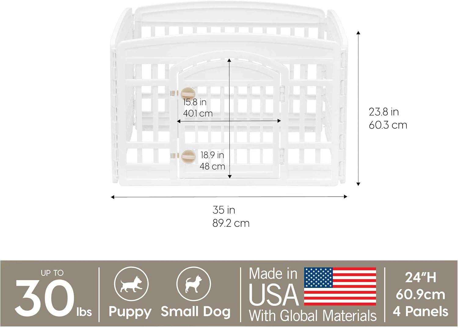 White Pet Exercise Playpen Door panel for puppies and small dogs, 35x23.8 inches, durable metal, secure locking door, made in USA.
