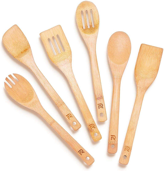 Nonstick Spoon; Six-piece nonstick bamboo spoon set with eco-friendly, durable utensils for kitchen use.