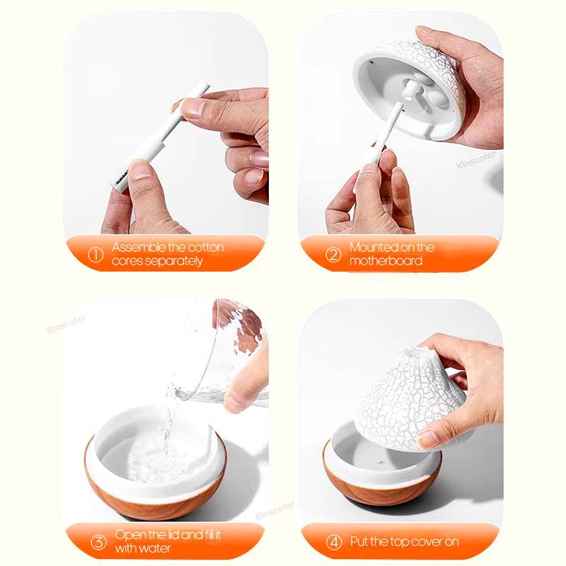 Step-by-step assembly and filling instructions for a desktop electric USB air humidifier with a compact, volcano-inspired design