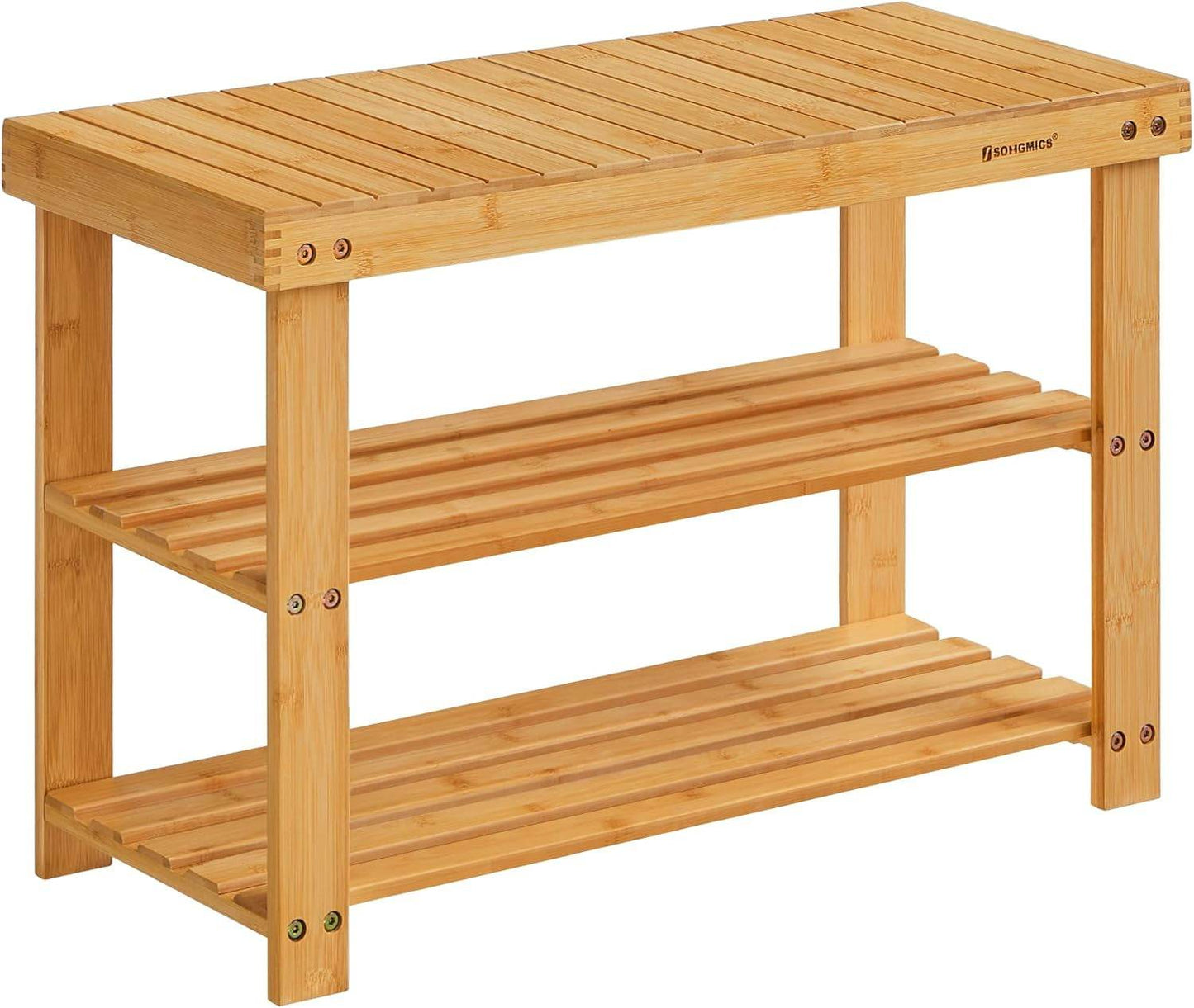 Bamboo shoe bench with two-tier design and natural finish for entryway storage.