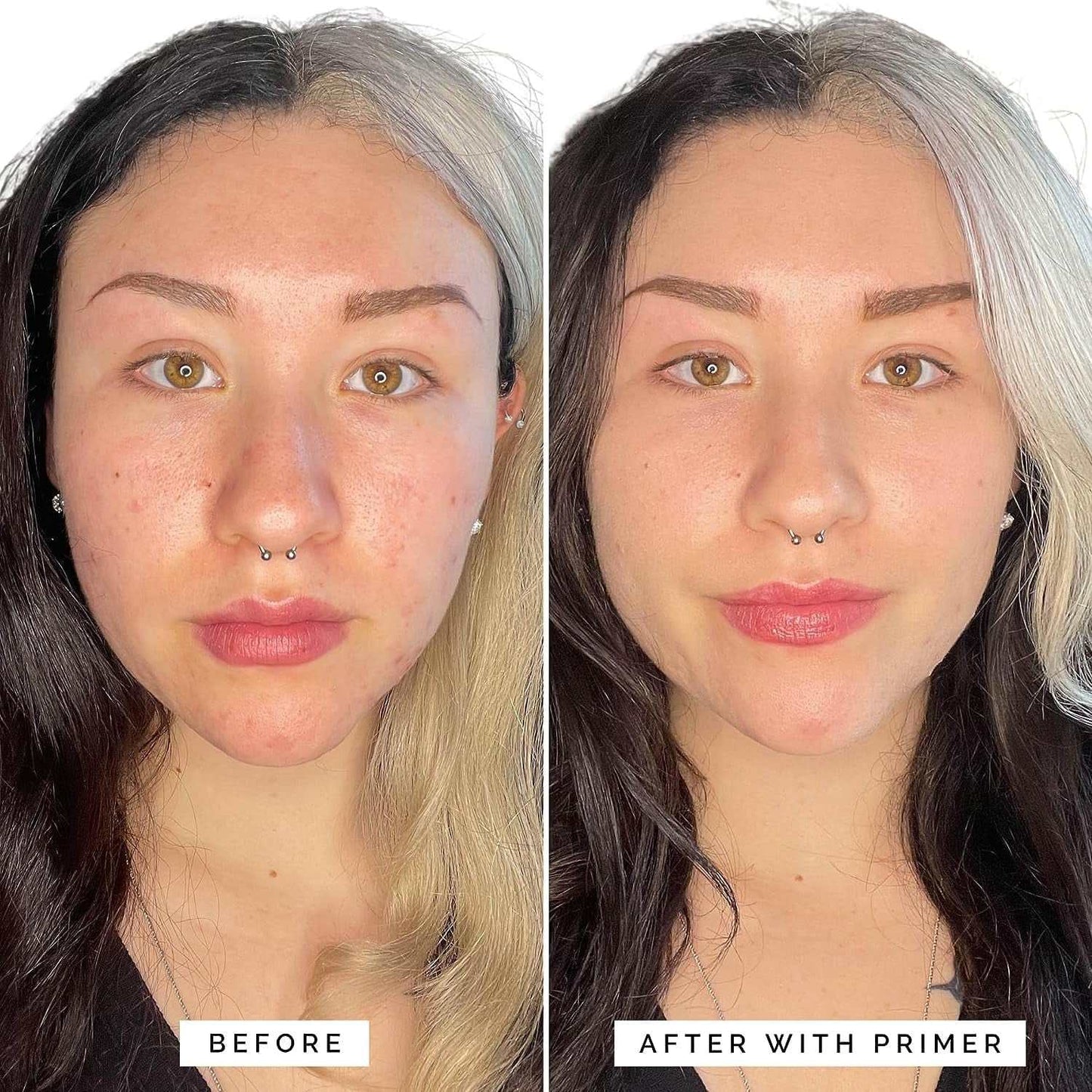 Before and after images showing the effect of Long-Lasting Correcting Face Primer on reducing redness and providing a smooth makeup base.