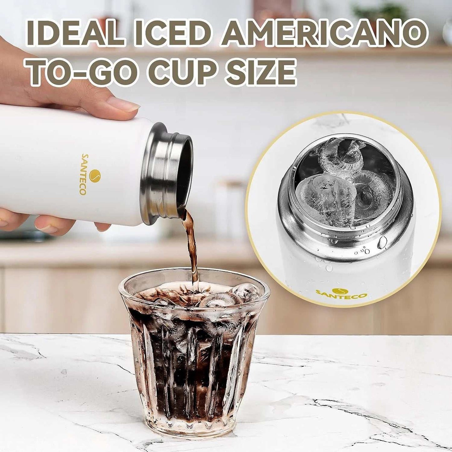Santeco Water Bottle pouring iced drink into glass, ideal for to-go cup size.
