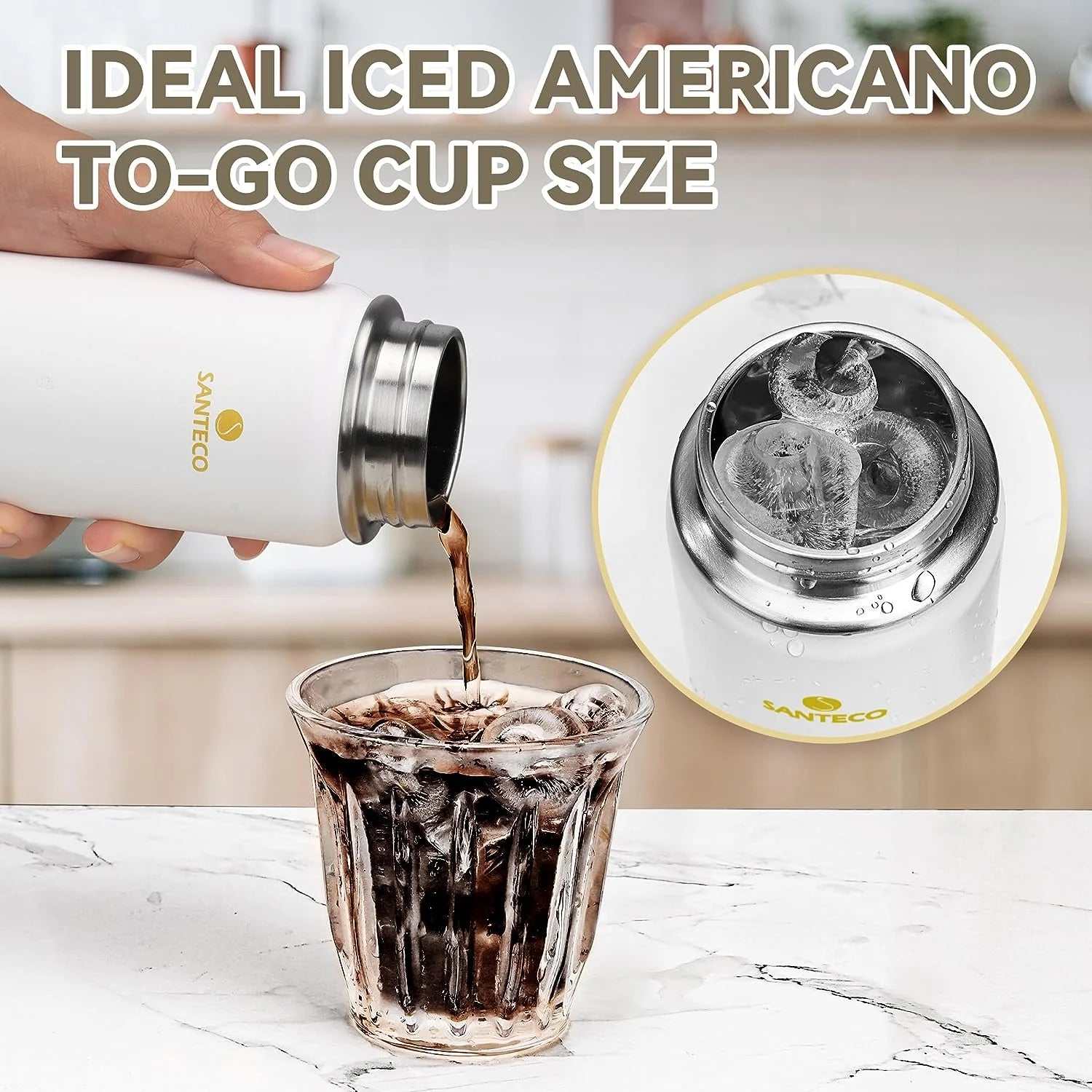 Santeco Water Bottle pouring iced drink into glass, ideal for to-go cup size.