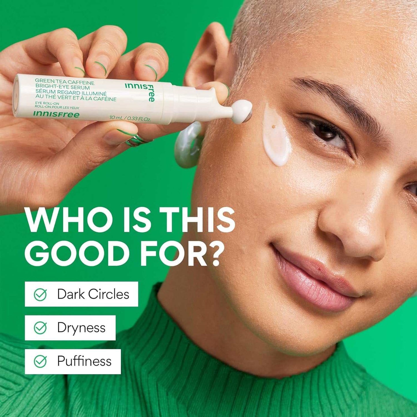 Cooling Eye Roll bright-eye serum with green tea and caffeine for dark circles, dryness, and puffiness relief