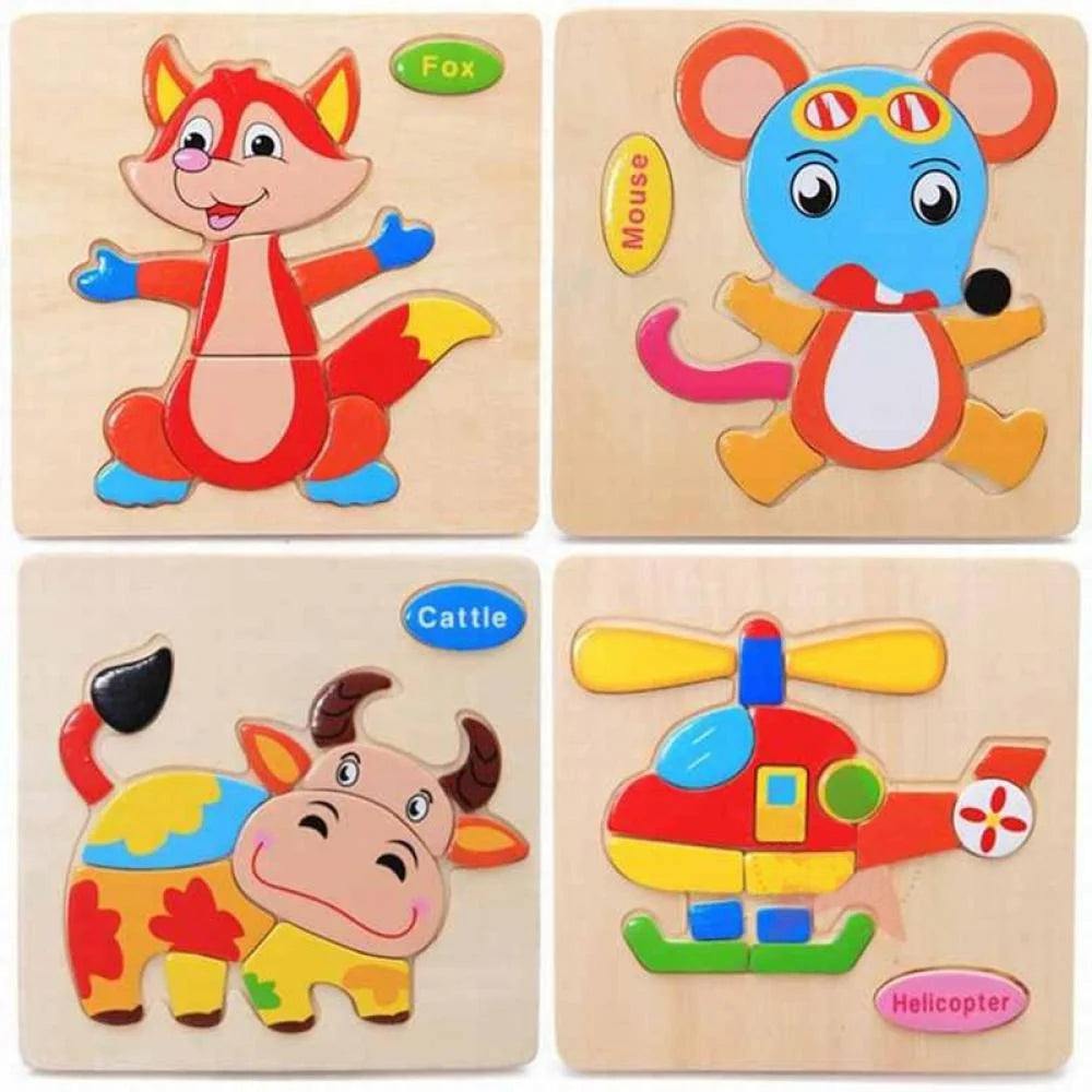 Kids wooden puzzles with colorful animal and vehicle designs for toddlers, promoting cognitive development and fine motor skills.