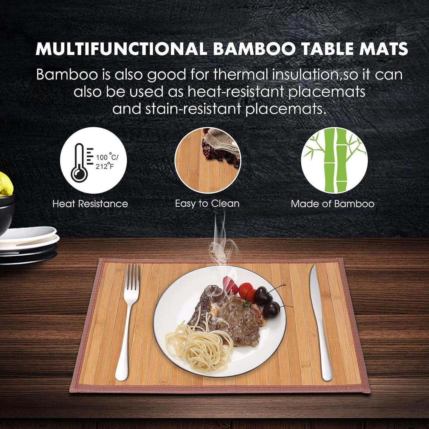 Bamboo Table Mat on wooden surface with utensils, featuring heat resistance, easy cleaning, and eco-friendly bamboo material.