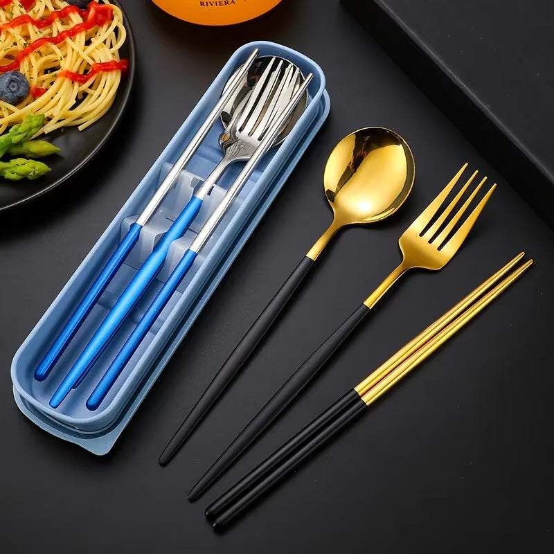 Eco-friendly stainless steel cutlery set with spoon, fork, and chopsticks, portable and reusable for travel and daily use.