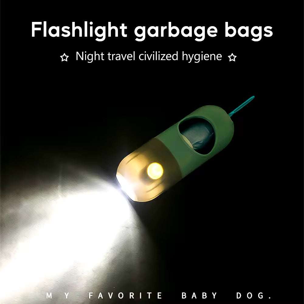 Portable dog LED light poop bag dispenser with built-in flashlight for night walks and eco-friendly waste bags