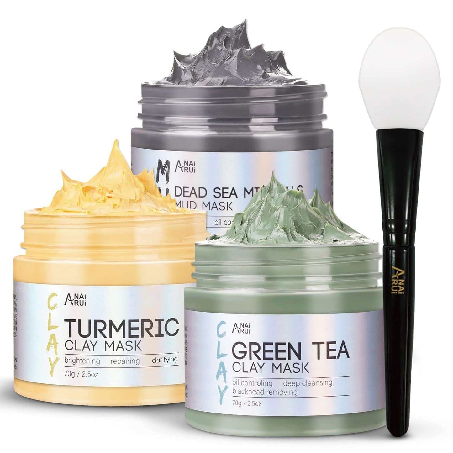 Deep Cleansing Dead Sea mineral mud mask set with turmeric and green tea clay masks and applicator brush for brightening and oil control