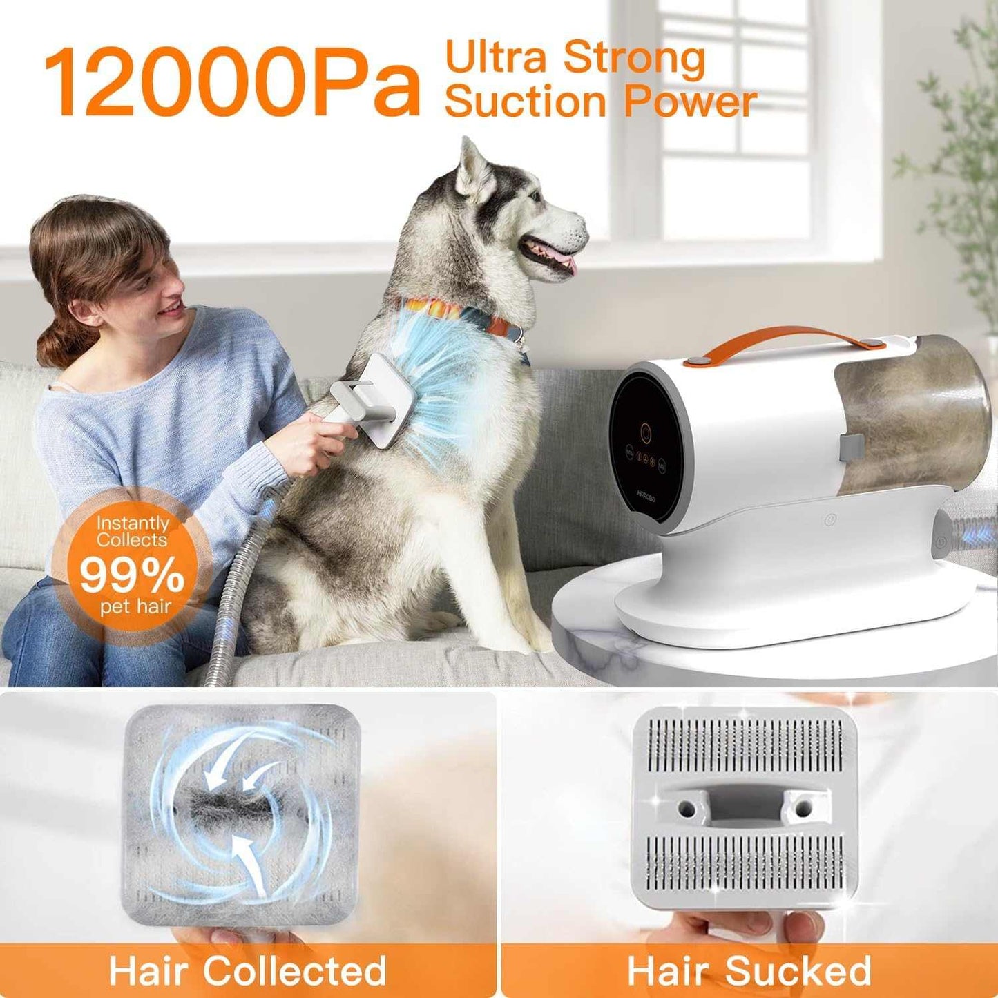 Dog grooming vacuum kit with 12000Pa powerful suction, 2L capacity, and 5 grooming tools for efficient pet hair removal and quiet operation
