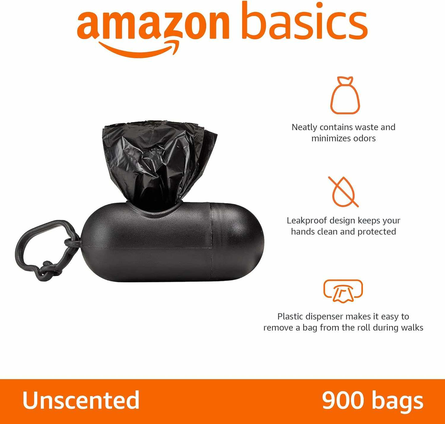 Black dog leak-proof poop bags with unscented plastic dispenser and leash clip for clean waste disposal