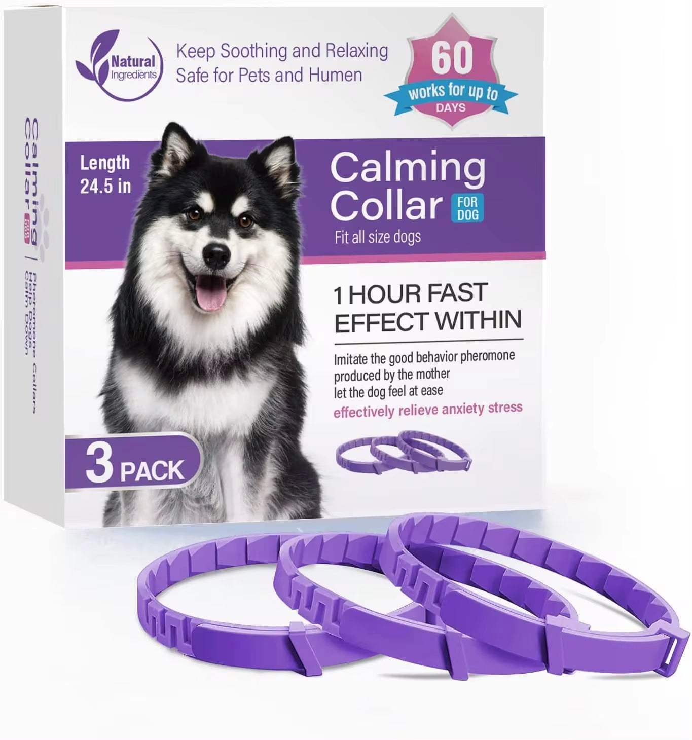 Purple calming pheromone collars for dogs with natural ingredients, 3-pack for anxiety relief and fast effect.