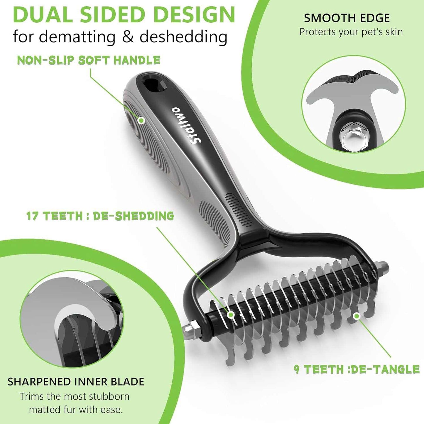 Dual-sided pet rake brush with non-slip handle, 17 de-shedding teeth, 9 de-tangle teeth, and smooth edges for gentle grooming and mat removal.